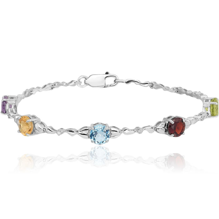 925 Sterling Silver Multi-color Rainbow Gemstone Diamond Tennis Bracelet