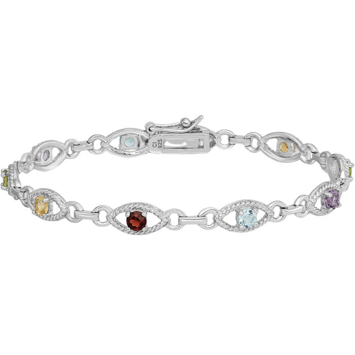 925 Sterling Silver Multi-color Rainbow Gemstone Link Chain Bracelet