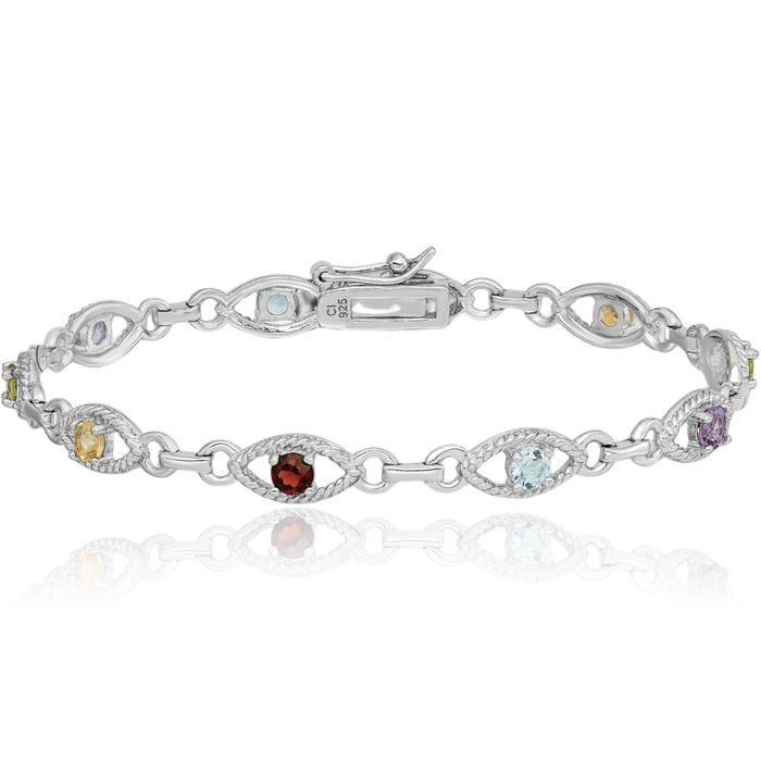 925 Sterling Silver Multi-color Rainbow Gemstone Link Chain Bracelet