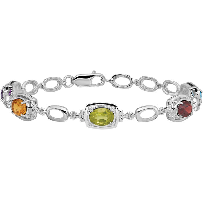 925 Sterling Silver Multi-color Rainbow Gemstone Link Chain Bracelet