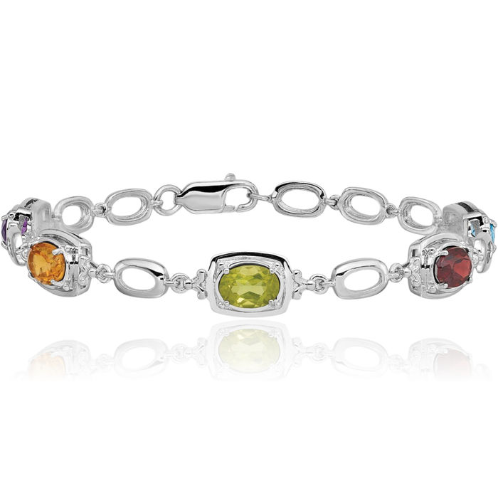 925 Sterling Silver Multi-color Rainbow Gemstone Link Chain Bracelet