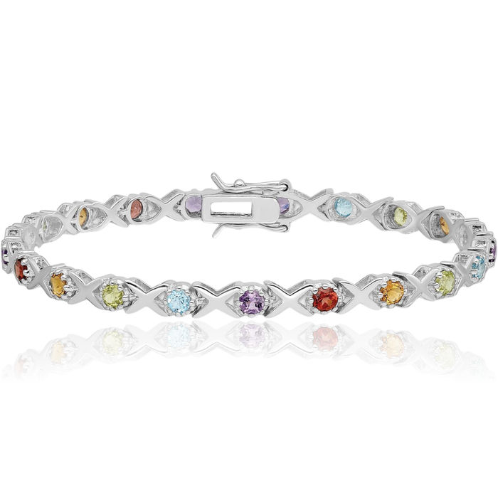 925 Sterling Silver Multi-color Rainbow Gemstone Tennis Bracelet