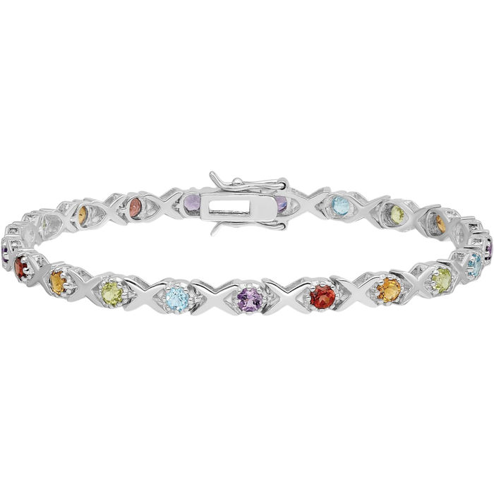 925 Sterling Silver Multi-color Rainbow Gemstone Tennis Bracelet