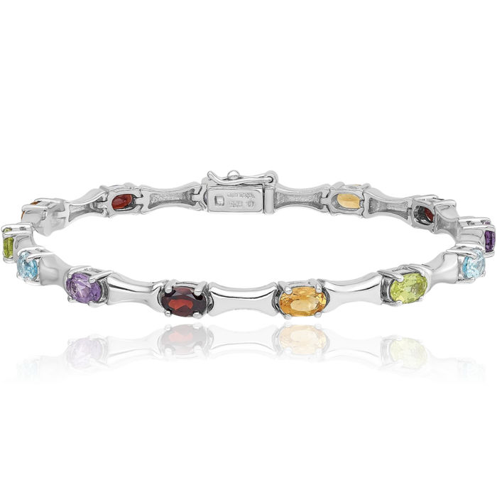 925 Sterling Silver Multi-color Rainbow Gemstone Tennis Bracelet