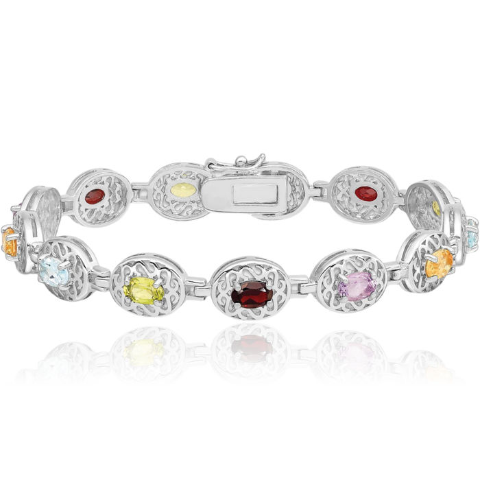 925 Sterling Silver Multi-color Rainbow Gemstone Tennis Bracelet