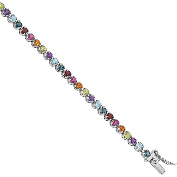 925 Sterling Silver Multi-color Rainbow Gemstone Tennis Bracelet