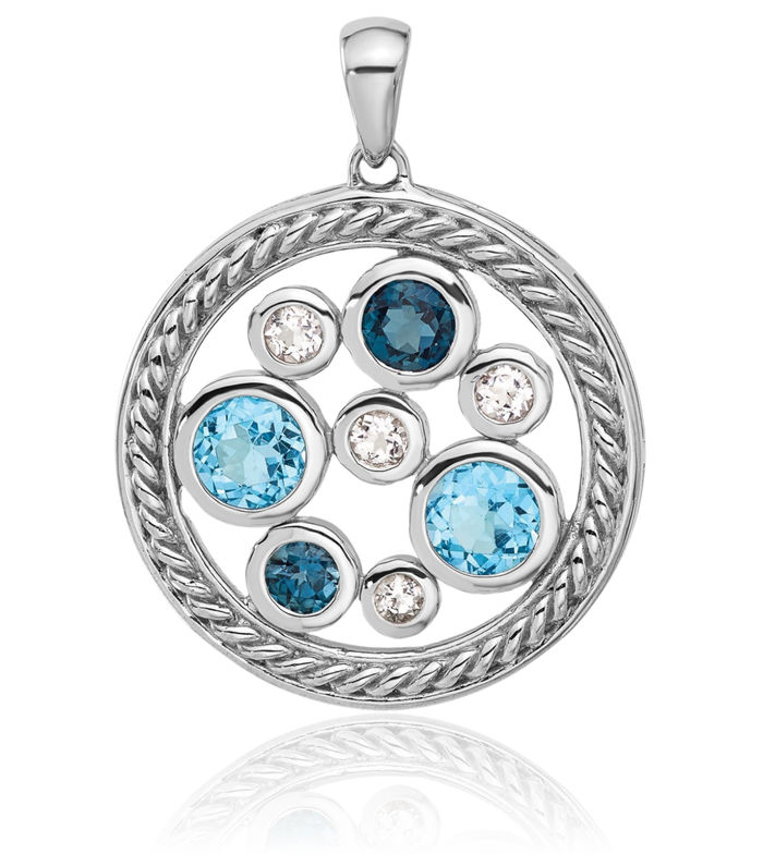 925 Sterling Silver Multi-color Swiss London Blue Topaz Circle Round Necklace Charm Gemstone Pendant