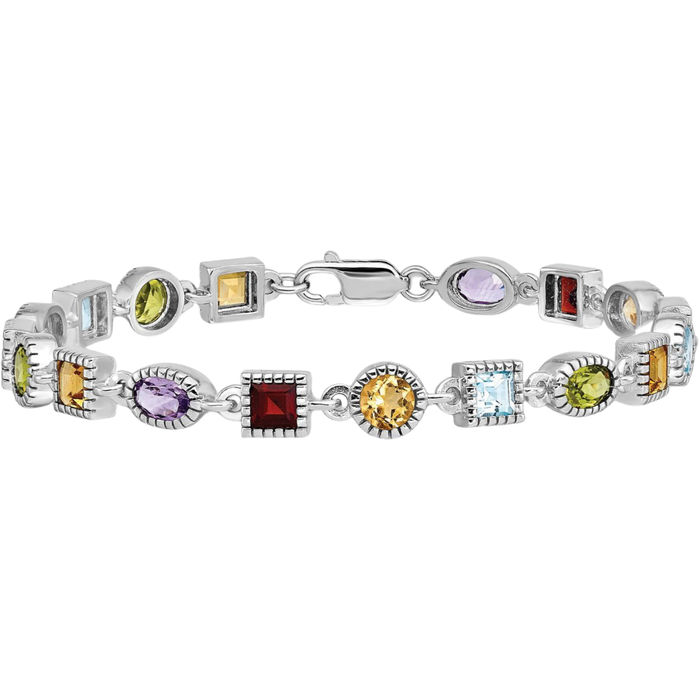 925 Sterling Silver Rainbow Multi-color Gemstone Tennis Bracelet