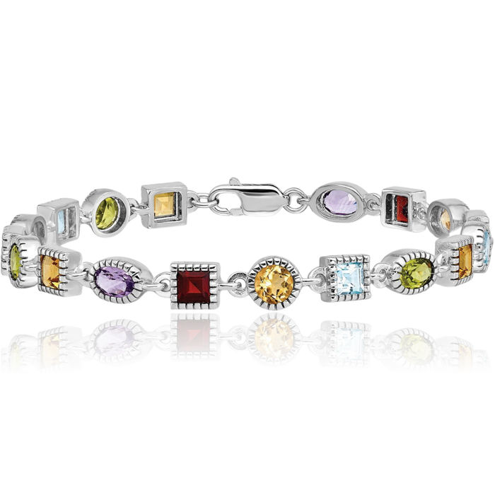 925 Sterling Silver Rainbow Multi-color Gemstone Tennis Bracelet