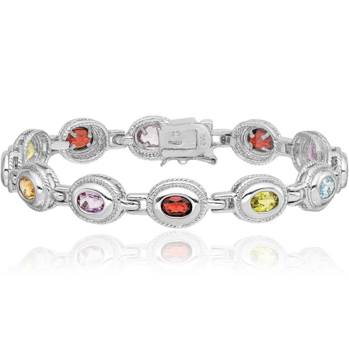 925 Sterling Silver Rainbow Multi-color Gemstone Tennis Bracelet