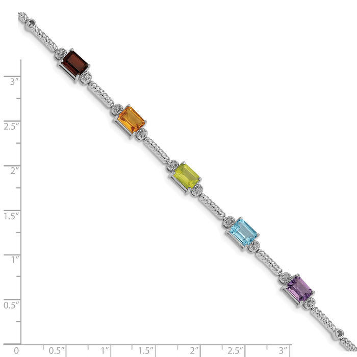 925 Sterling Silver Multi-color Rainbow Gemstone Diamond Tennis Bracelet