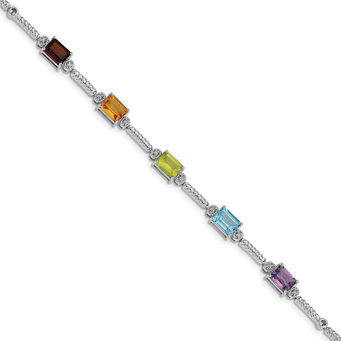 925 Sterling Silver Multi-color Rainbow Gemstone Diamond Tennis Bracelet