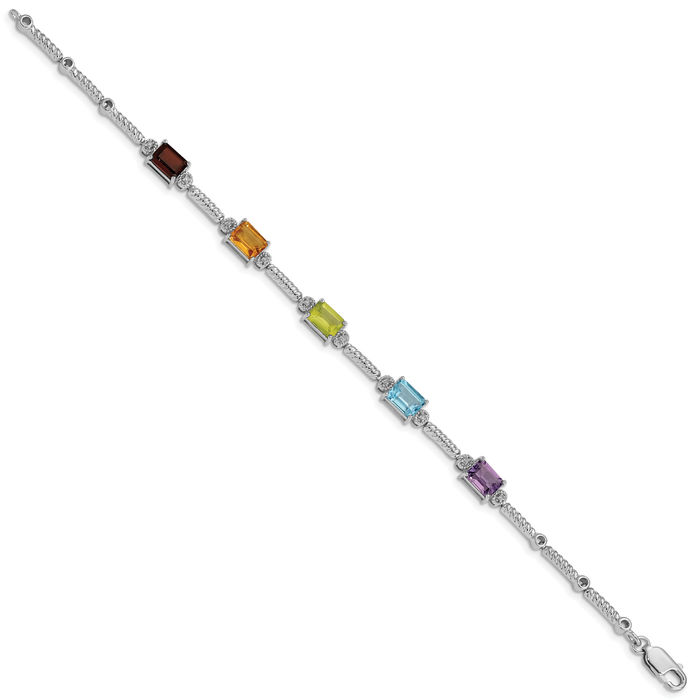 925 Sterling Silver Multi-color Rainbow Gemstone Diamond Tennis Bracelet