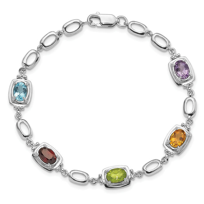 925 Sterling Silver Multi-color Rainbow Gemstone Link Chain Bracelet