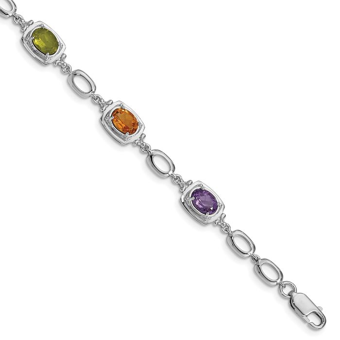 925 Sterling Silver Multi-color Rainbow Gemstone Link Chain Bracelet