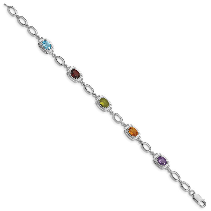 925 Sterling Silver Multi-color Rainbow Gemstone Link Chain Bracelet