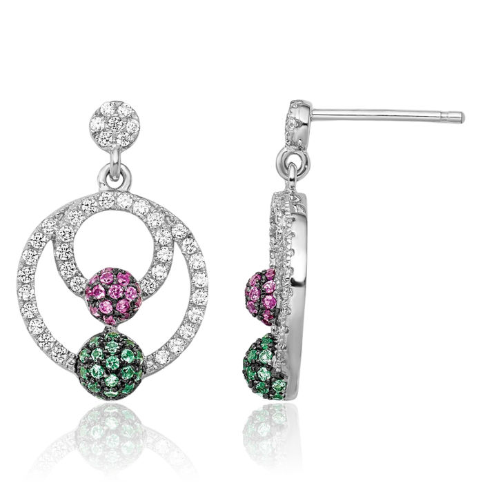 925 Sterling Silver Multi Green Red White Cubic Zirconia CZ Circle Round Drop Dangle Earrings