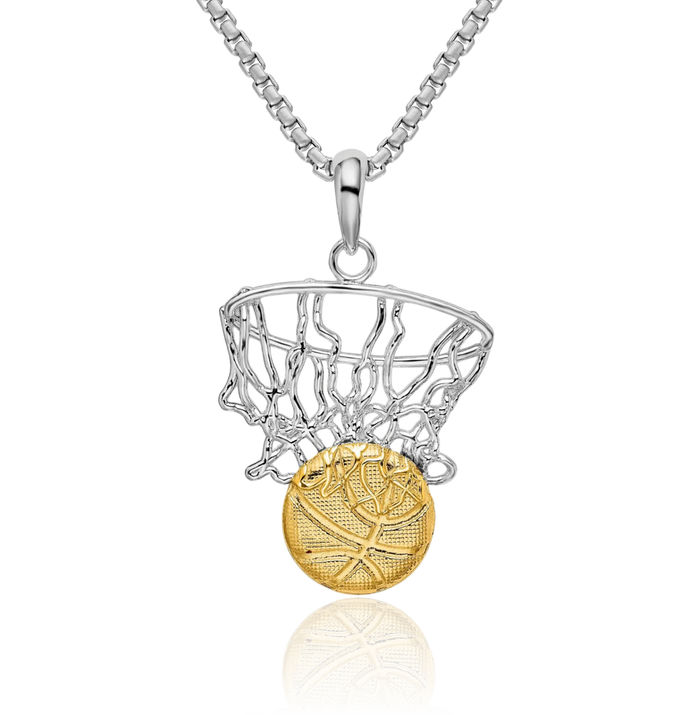 925 Sterling Silver Net Basketball Necklace Charm Sports Pendant