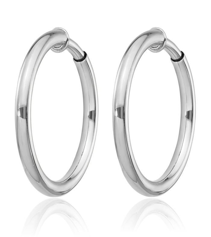 925 Sterling Silver Non Pierced Clip On Round Medium Hoop Earrings