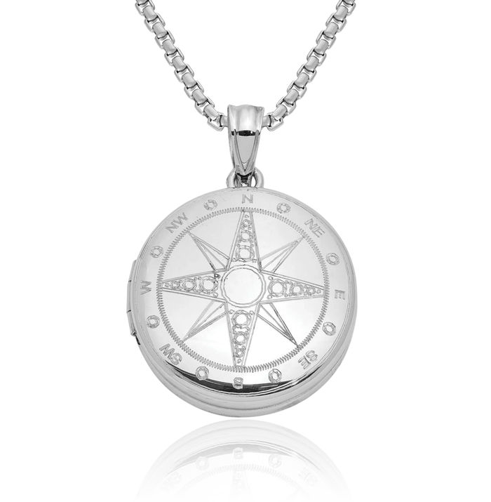 925 Sterling Silver North Star Compass Rose Round Personalized Photo Locket Necklace Nautical Picture Pendant Charm