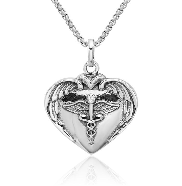 925 Sterling Silver Nurse Caduceus Paramedic Emt Doctor Medical Student Nursing Symbol Heart Wings Cubic Zirconia CZ Vintage Necklace Chain Pendant Charm