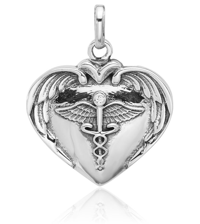 925 Sterling Silver Nurse Caduceus Paramedic Emt Doctor Medical Student Nursing Symbol Heart Wings Cubic Zirconia CZ Vintage Necklace Chain Pendant Charm