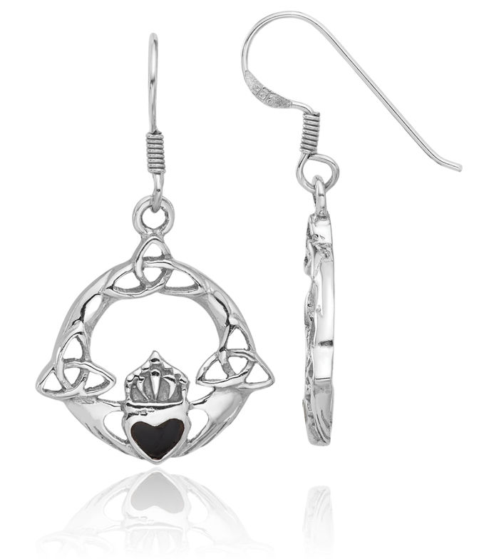 925 Sterling Silver Black Onyx Heart Irish Claddagh Celtic Drop Dangle Earrings Jewelry