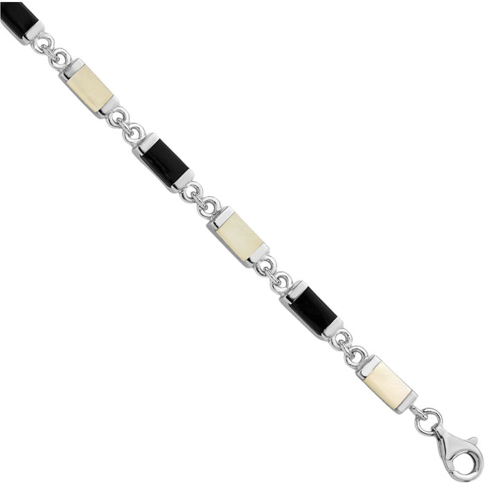 925 Sterling Silver Black Onyx Mother of Pearl Chain Gemstone Tennis Bracelet