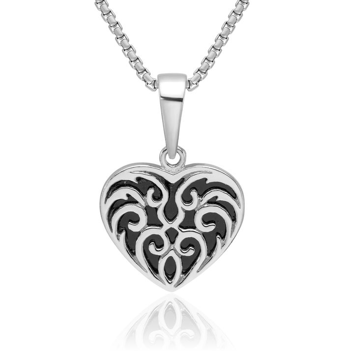 925 Sterling Silver Black Onyx Reversible Heart Necklace Love Pendant Charm