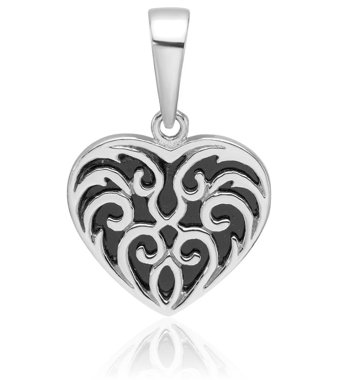 925 Sterling Silver Black Onyx Reversible Heart Necklace Love Pendant Charm