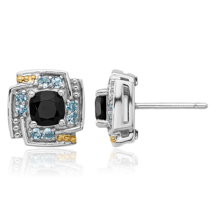 925 Sterling Silver Black Onyx Swiss Blue Topaz Stud Earrings