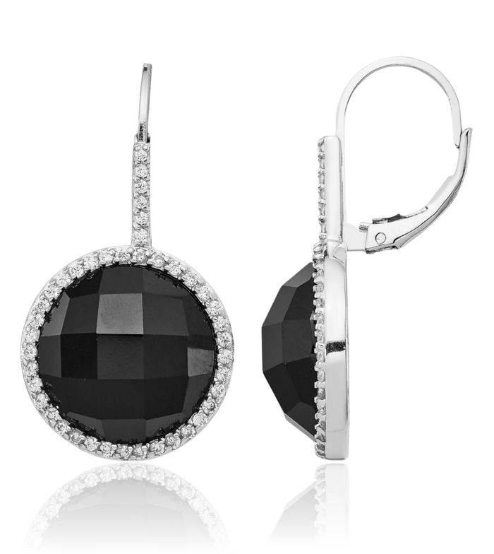 925 Sterling Silver Checker Cut Black Onyx White Cubic Zirconia CZ Round Halo Drop Dangle Earrings Gemstone