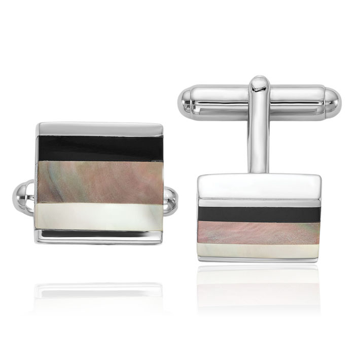 925 Sterling Silver Black Onyx White Grey Mother of Pearl Cuff Links