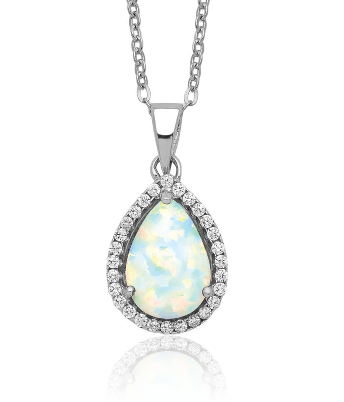 925 Sterling Silver Opal Cubic Zirconia CZ Necklace Pendant October Birthstone Jewelry