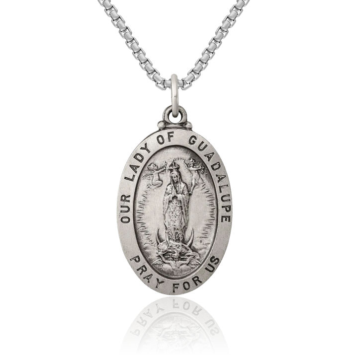 925 Sterling Silver Vintage Our Lady of Guadalupe Virgin Mary Medal Necklace Virgencita Maria Rosa Pendant Catholic Christian Holy Mother Medallion Charm