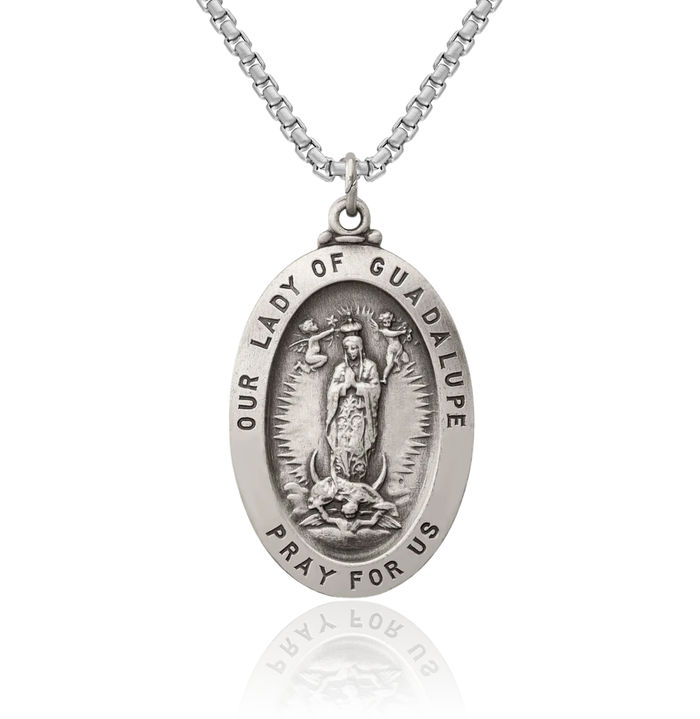 925 Sterling Silver Vintage Our Lady of Guadalupe Virgin Mary Medal Necklace Virgencita Maria Rosa Pendant Catholic Christian Holy Mother Medallion Charm