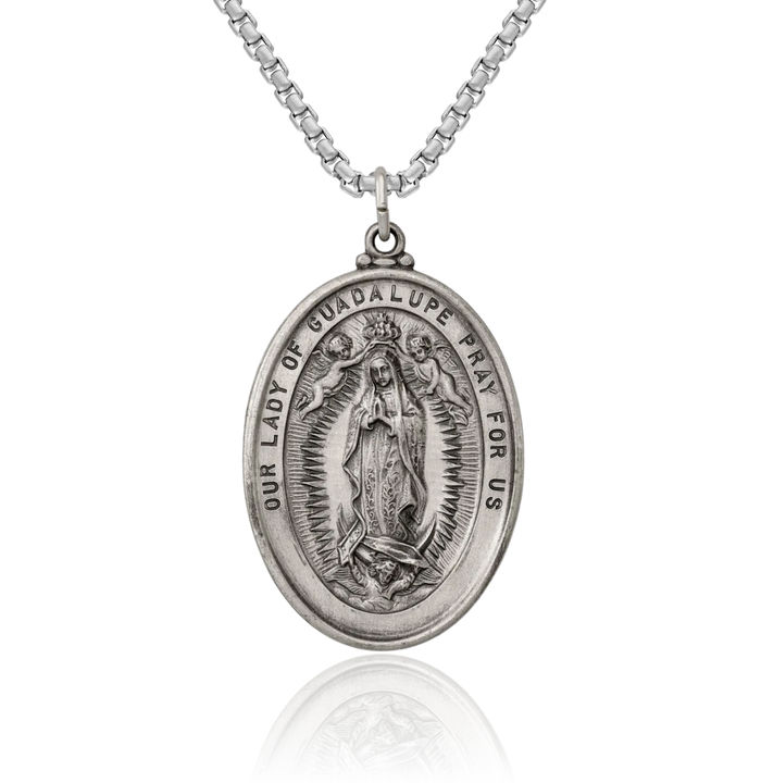 925 Sterling Silver Vintage Our Lady of Guadalupe Virgin Mary Medal Necklace Virgencita Maria Rosa Pendant Catholic Christian Holy Mother Medallion Charm