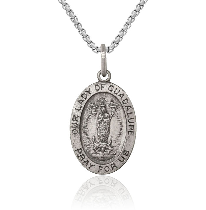 925 Sterling Silver Vintage Our Lady of Guadalupe Virgin Mary Medal Necklace Virgencita Maria Rosa Pendant Catholic Christian Holy Mother Medallion Charm