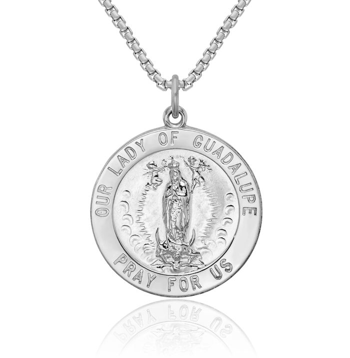 925 Sterling Silver Our Lady of Guadalupe Virgin Mary Medal Necklace Virgencita Maria Rosa Pendant Catholic Christian Holy Mother Medallion Charm