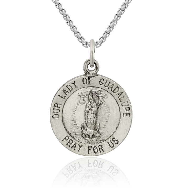 925 Sterling Silver Vintage Our Lady of Guadalupe Virgin Mary Medal Necklace Virgencita Maria Rosa Pendant Catholic Christian Holy Mother Medallion Charm