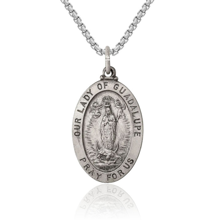 925 Sterling Silver Vintage Our Lady of Guadalupe Virgin Mary Medal Necklace Virgencita Maria Rosa Pendant Catholic Christian Holy Mother Medallion Charm