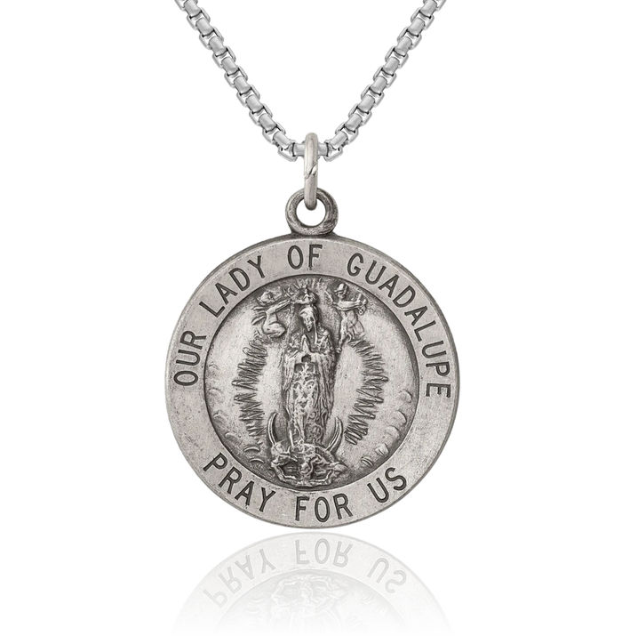 925 Sterling Silver Vintage Our Lady of Guadalupe Virgin Mary Medal Necklace Virgencita Maria Rosa Pendant Catholic Christian Holy Mother Medallion Charm