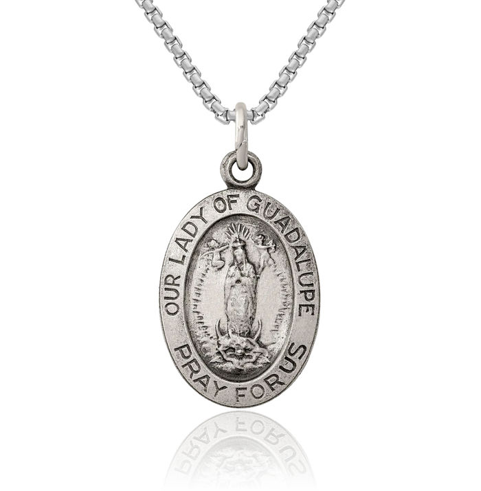 925 Sterling Silver Vintage Our Lady of Guadalupe Virgin Mary Medal Necklace Virgencita Maria Rosa Pendant Catholic Christian Holy Mother Medallion Charm