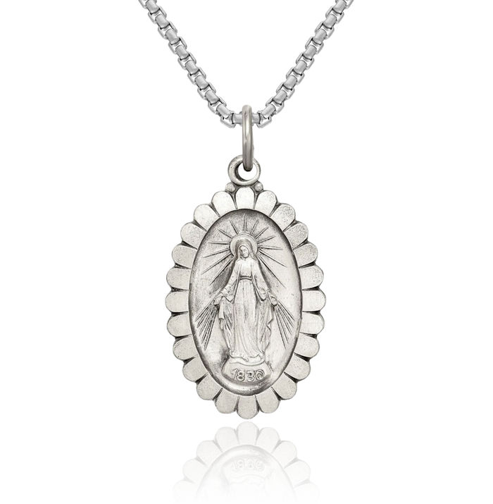 925 Sterling Silver Vintage Our Lady of Miraculous Medal Blessed Virgin Mary Necklace Chain Pendant Charm