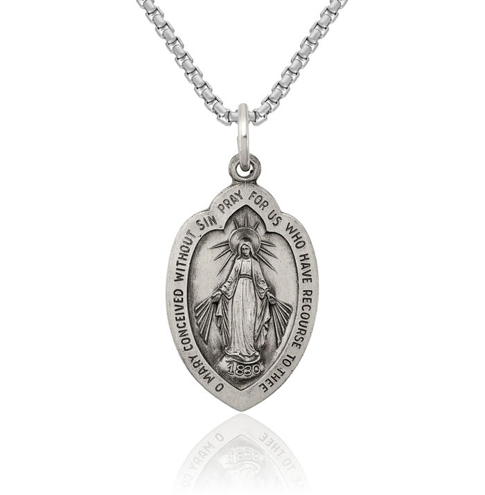 925 Sterling Silver Vintage Our Lady of Miraculous Medal Blessed Virgin Mary Necklace Chain Pendant Charm