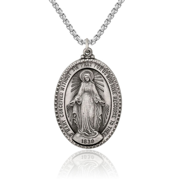 925 Sterling Silver Vintage Our Lady of Miraculous Medal Blessed Virgin Mary Necklace Chain Pendant Charm