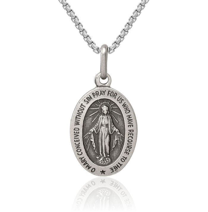 925 Sterling Silver Vintage Our Lady of Miraculous Medal Blessed Virgin Mary Necklace Chain Pendant Charm