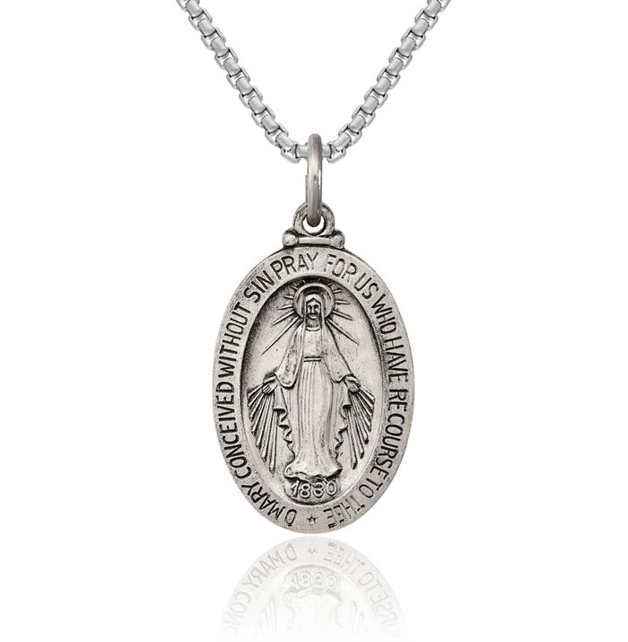 925 Sterling Silver Vintage Our Lady of Miraculous Medal Blessed Virgin Mary Necklace Chain Pendant Charm