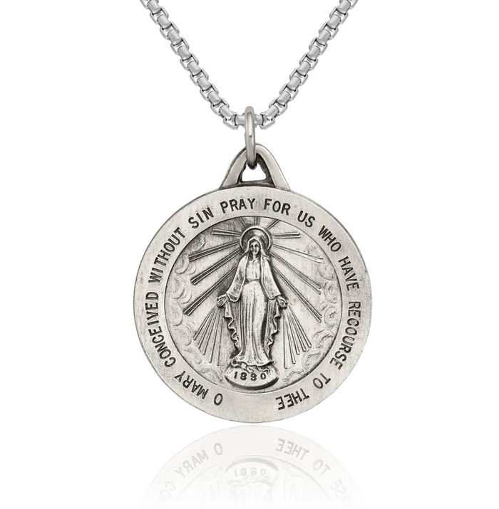 925 Sterling Silver Vintage Our Lady of Miraculous Medal Blessed Virgin Mary Necklace Chain Pendant Charm