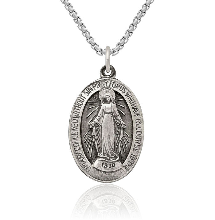 925 Sterling Silver Vintage Our Lady of Miraculous Medal Blessed Virgin Mary Necklace Chain Pendant Charm